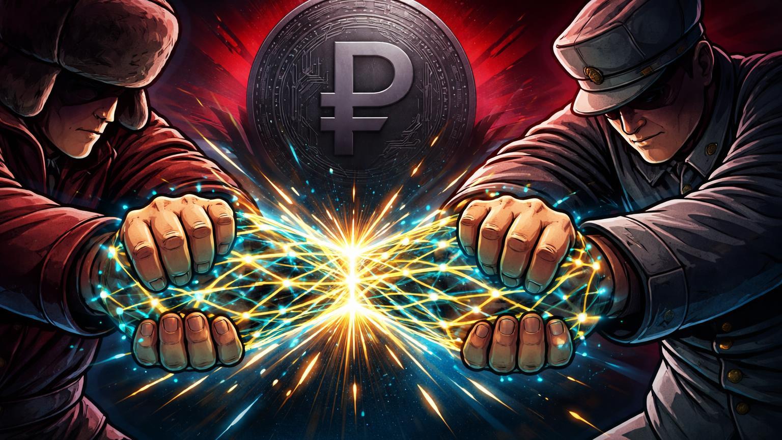 Personagens burocráticos cartoon esmagando rede luminosa cyan de cripto, simbolizando restrições coordenadas da Russia e China