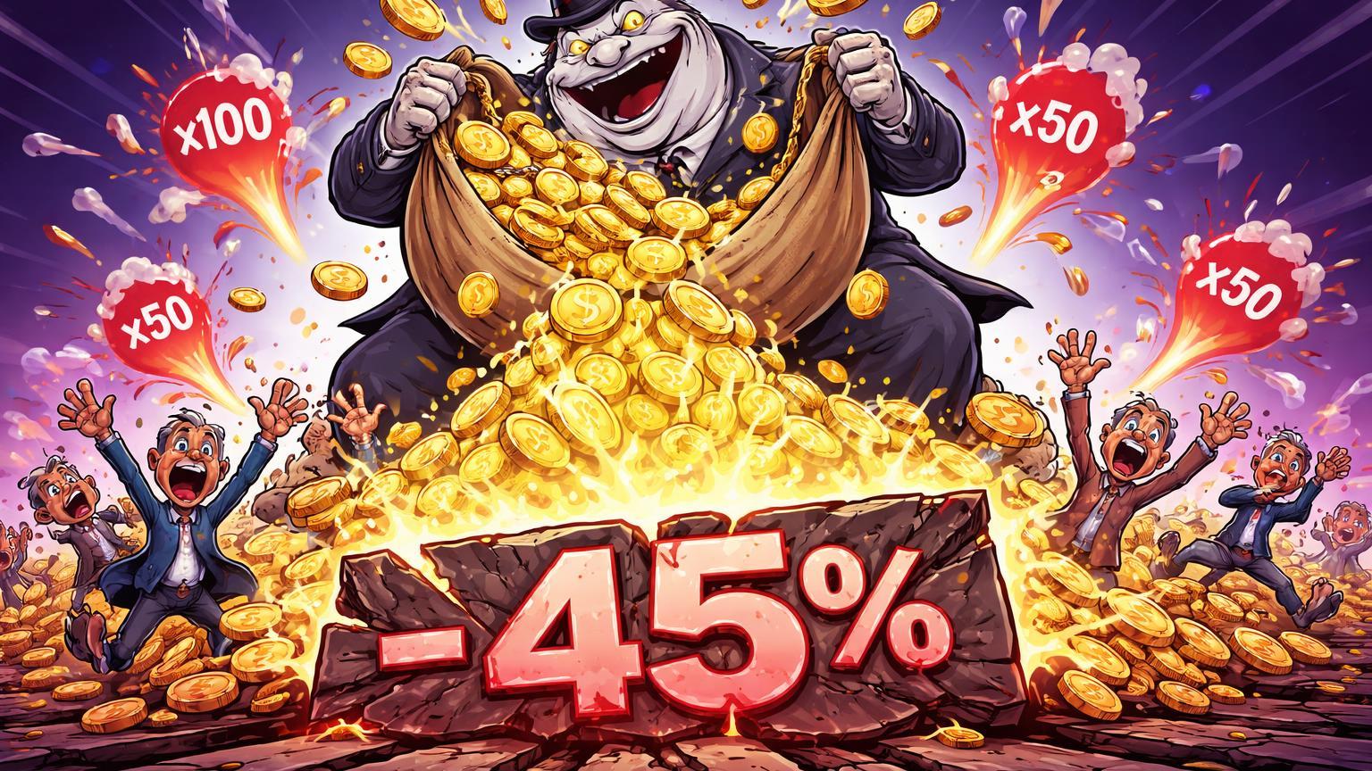 Baleia cartoon gigante despejando tokens sobre traders em pânico com placa -45% quebrada, representando colapso por vendas e liquidações no token ARC