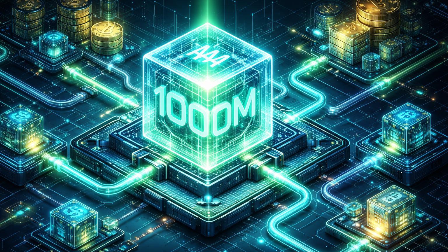 Estrutura isométrica DeFi com cubo glass de crédito tokenizado '100M' sendo integrado, simbolizando evolução e maturidade da DeFi 2.0 na Aave