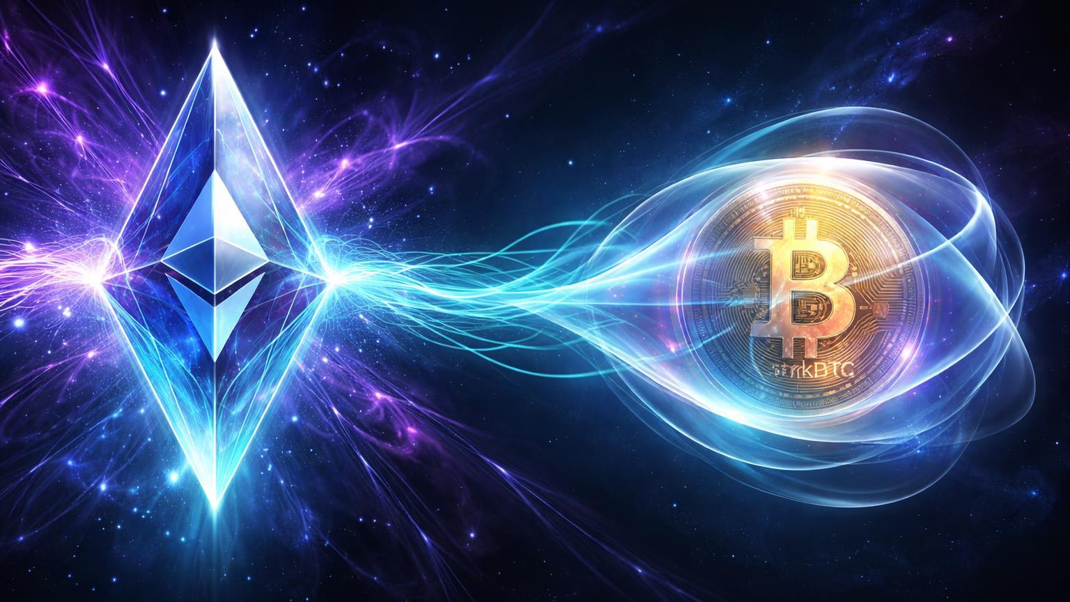 Cristal Ethereum deflectindo ondas quânticas roxas conectado a BTC privado em véu ZK strkBTC, simbolizando defesas quânticas e privacidade Starknet
