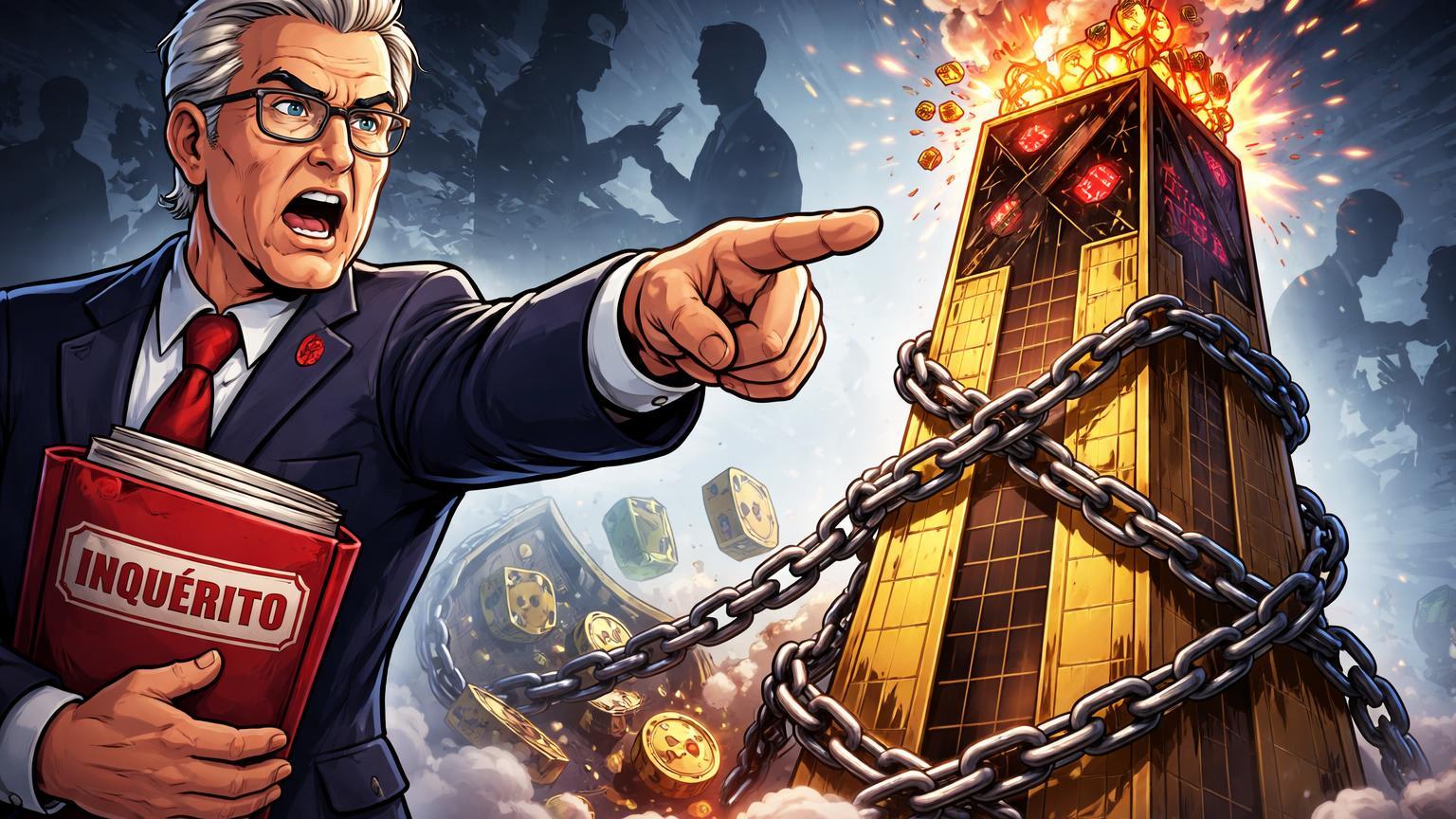 Senador cartoon apontando dossiê para torre exchange rachada com correntes e dados manipulados, ilustrando inquérito do Senado contra Binance