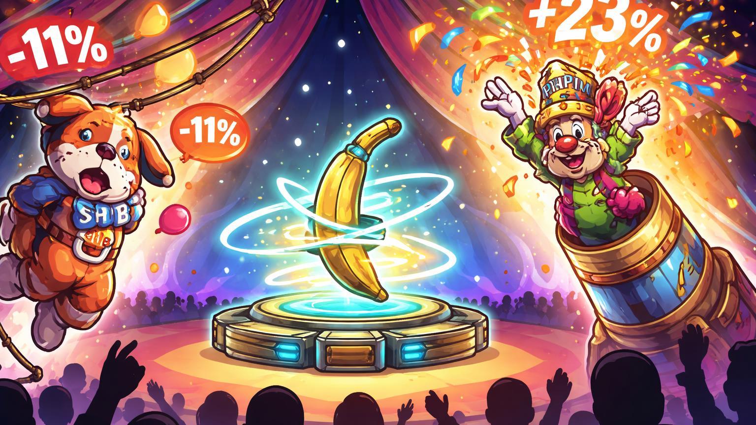 Palhaços cartoon SHIB caindo e PIPPIN explodindo em tenda de circo digital com banana neon central, ilustrando volatilidade das memecoins