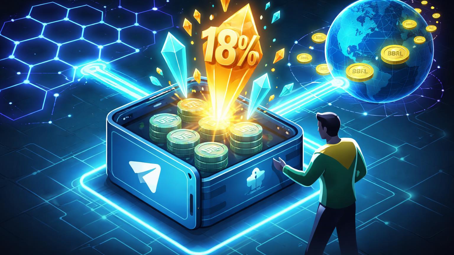 Carteira isométrica gerando cristais de 18% rendimento com USDT, conectada via Polygon a pagamentos BBRL globais para brasileiros