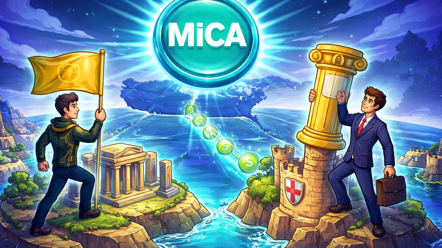 Executivos cartoon plantando bases em ilhas europeias sob selo MiCA com ponte para EUA, simbolizando adaptação de exchanges à regulação