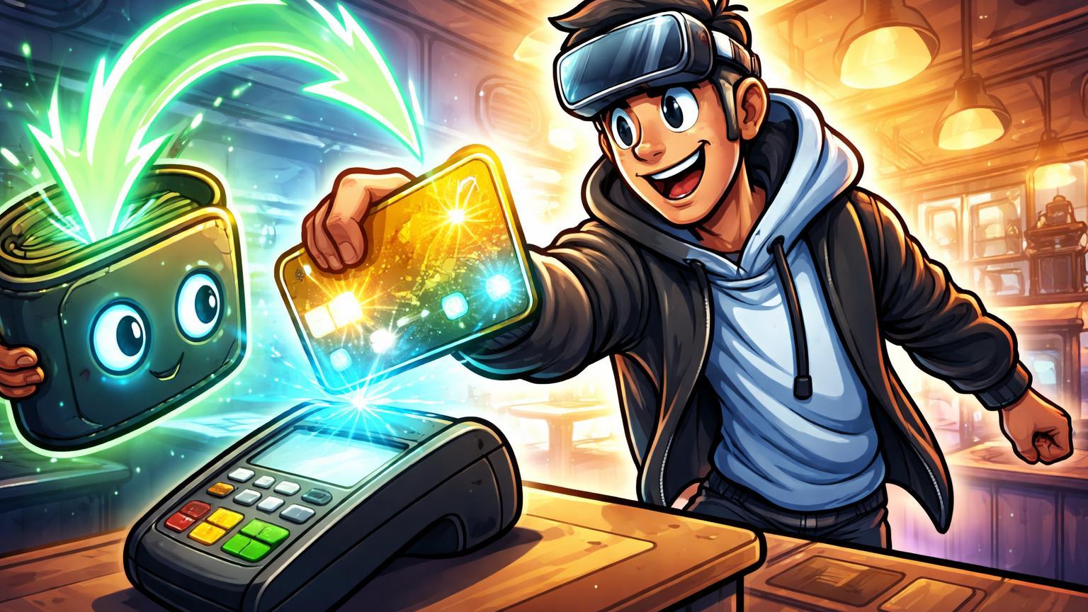 Personagem cartoon sacando cartão cripto dourado de wallet self-custody e pagando em loja, simbolizando lançamento MetaMask Mastercard para gastos diários