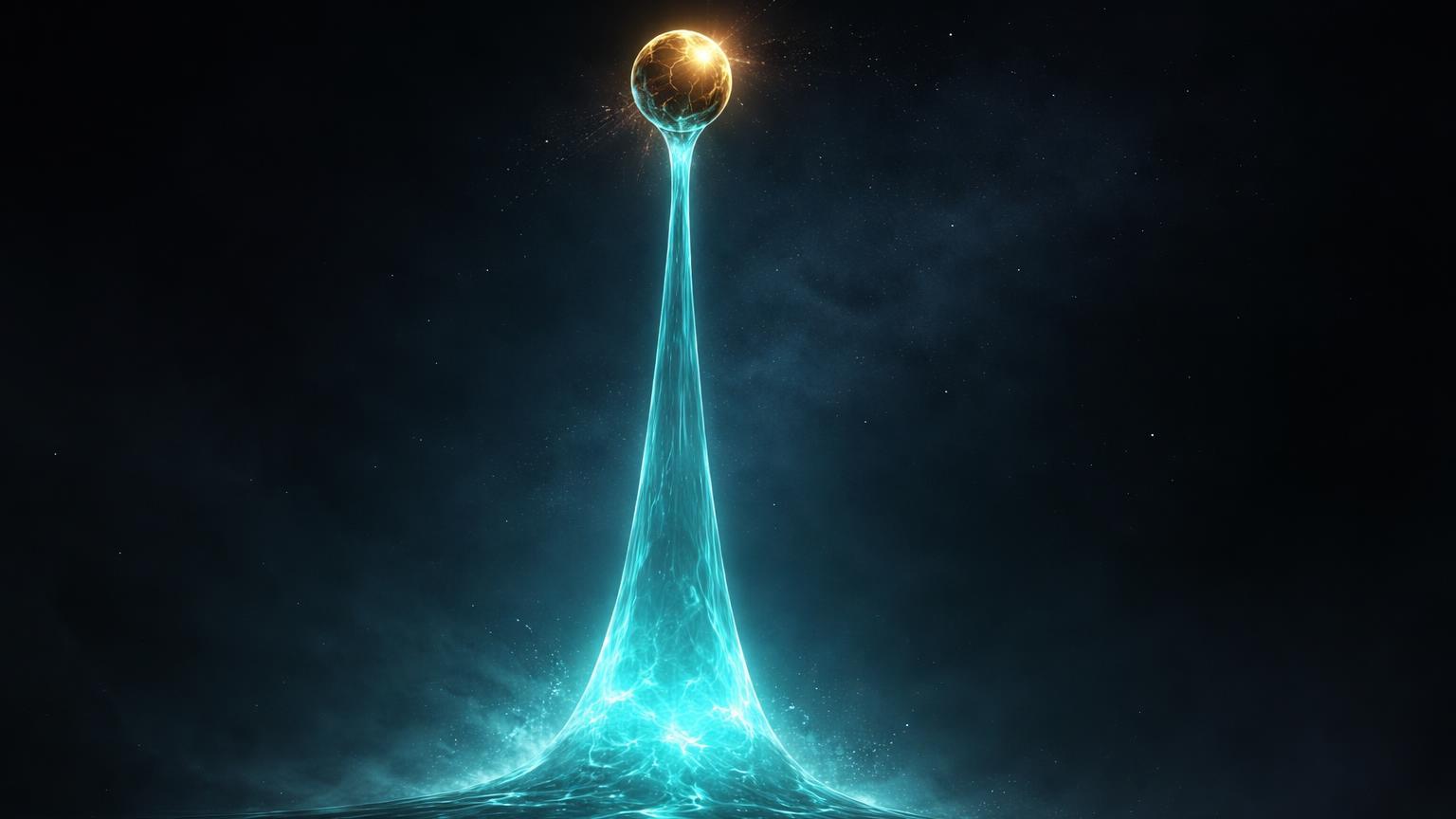 Pilar cyan translúcido encolhendo com esfera Bitcoin dourada oscilante no topo frágil, simbolizando reservas Tether menores e rali BTC questionado