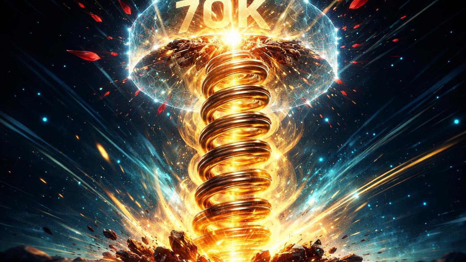 Mola energética dourada expandindo e rompendo barreira 70K com estilhaços vermelhos, simbolizando liquidação de shorts e recuperação do Bitcoin