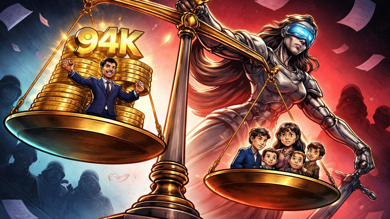 Balança da justiça desequilibrada com pilha de 94K BTC para exchange sobre vítimas tristes, criticando falha institucional no caso Bitfinex