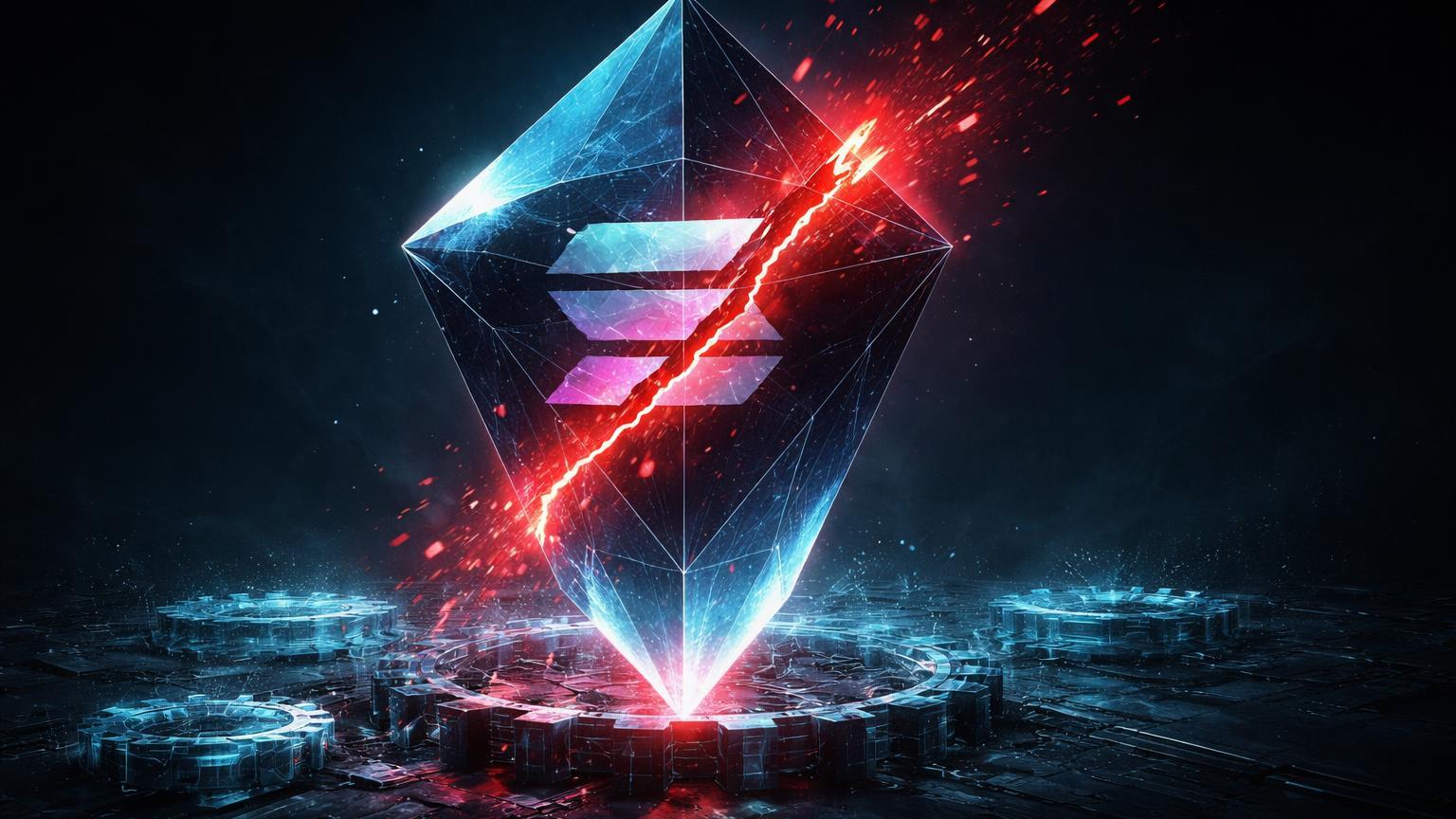 Prisma cristalino de Solana com rachadura vermelha vazando luz, engrenagens DeFi paralisadas, ilustrando hack de US$40M na Step Finance