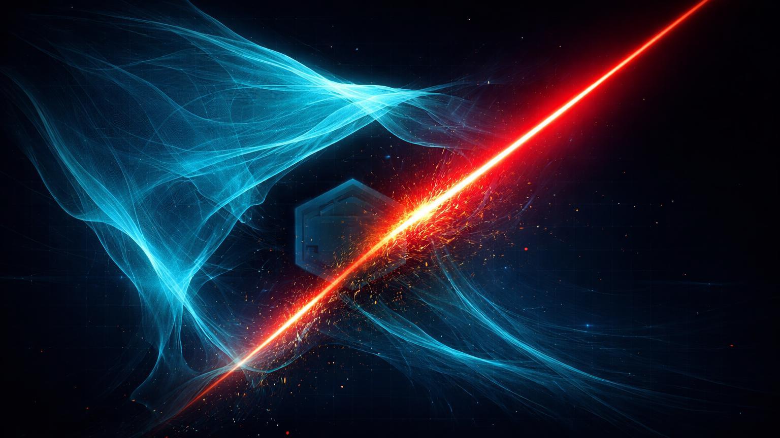 Véu de privacidade cyan perfurado por feixe laser vermelho de IA, expondo silhueta de carteira e alertando sobre deanonymização barata