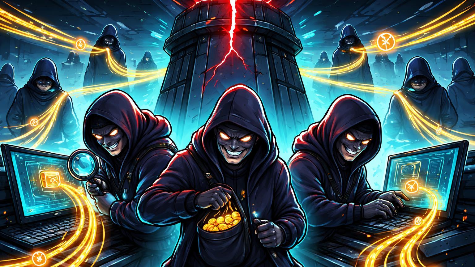 Funcionários cartoon corruptos espionando trilhas de wallets em torre digital rachada, ilustrando escândalo de insider trading na Axiom