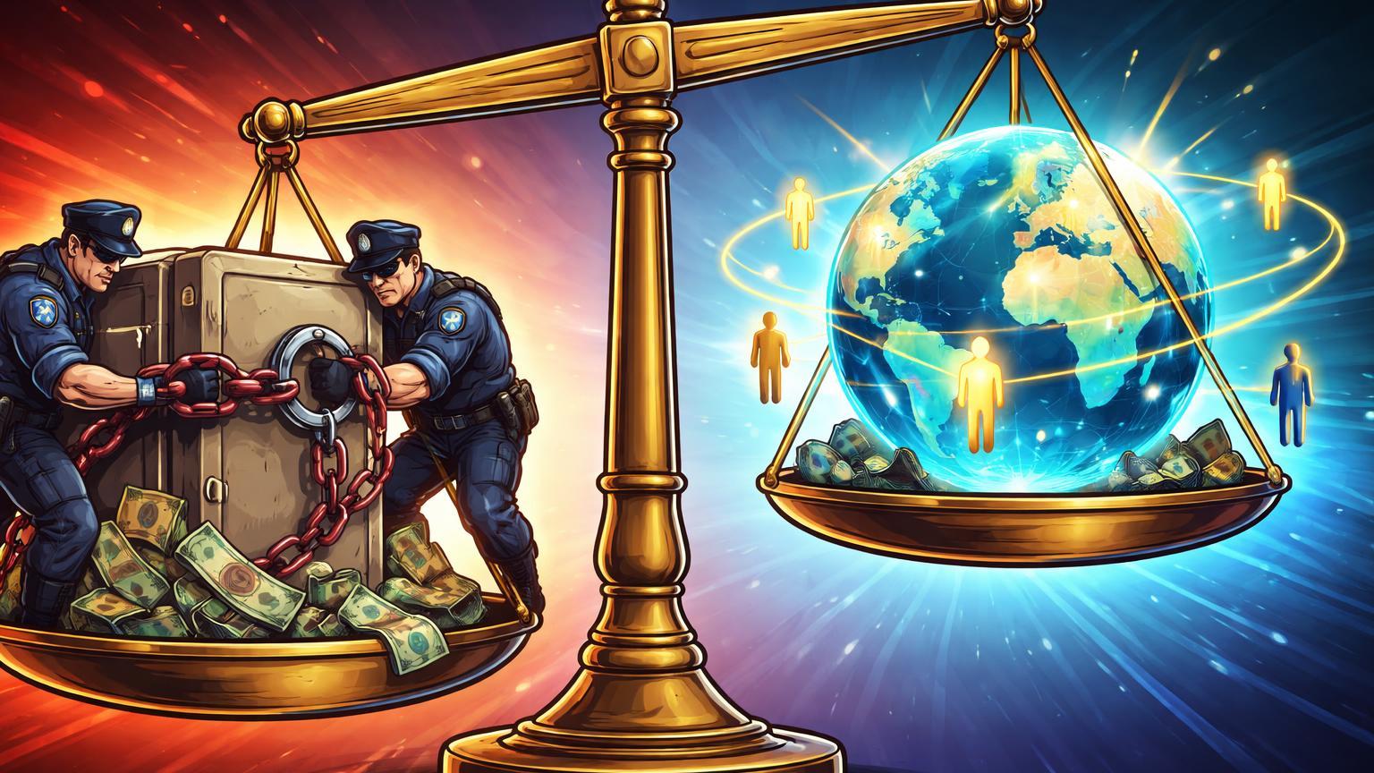 Balança cartoon com policiais algemando cofre de exchange BR e globo digital de adoção global ascendente, contrastando regulação e recorde institucional