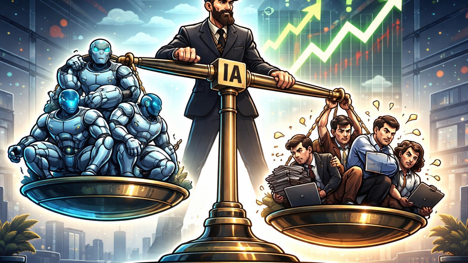 Balança editorial com robôs IA superando funcionários cartoon e executivo observando, questionando demissões de 4 mil na Block de Dorsey