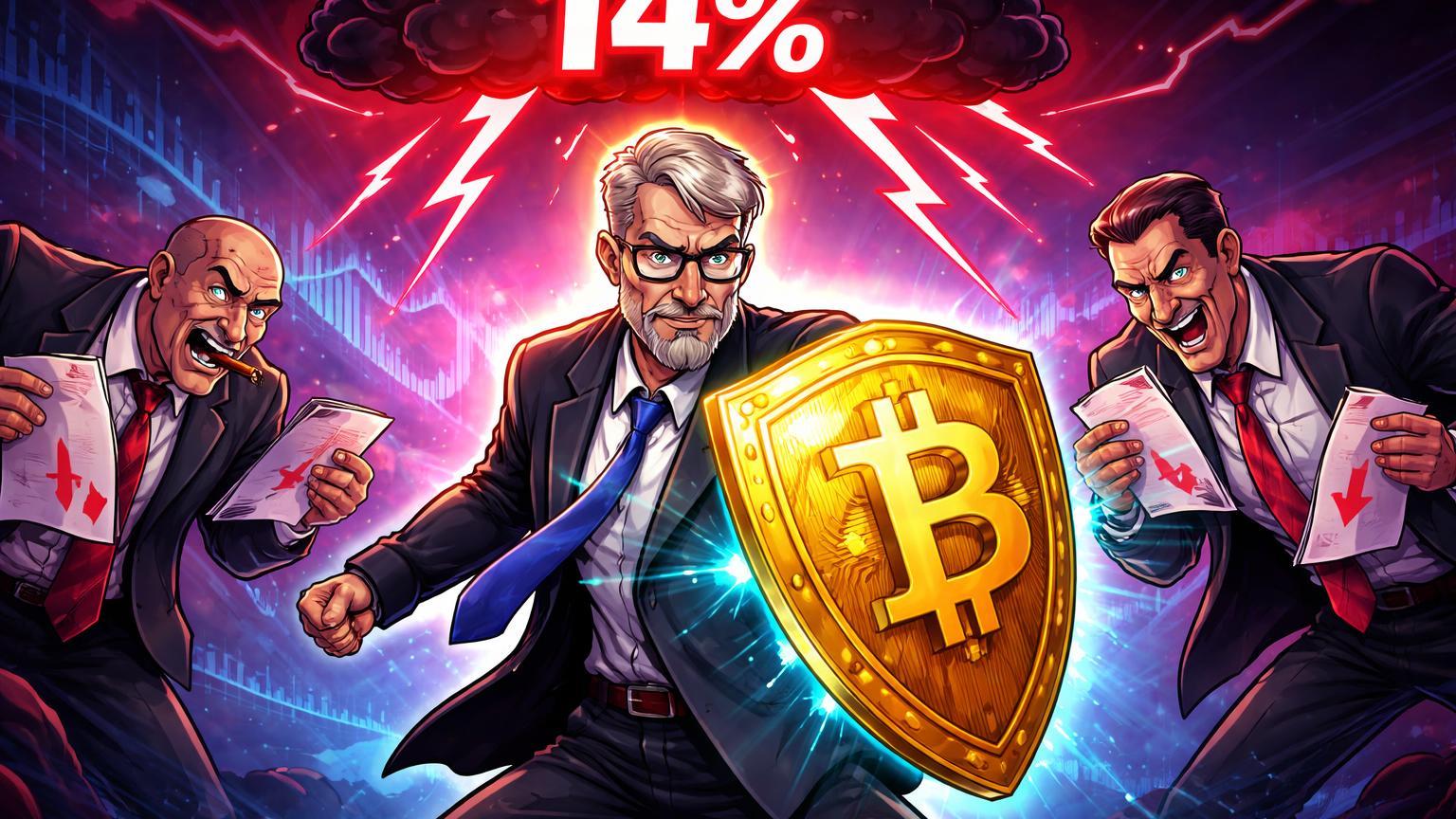 Personagem cartoon de Saylor defendendo escudo Bitcoin contra suits de Wall Street com nuvem 14%, simbolizando shorts em MicroStrategy