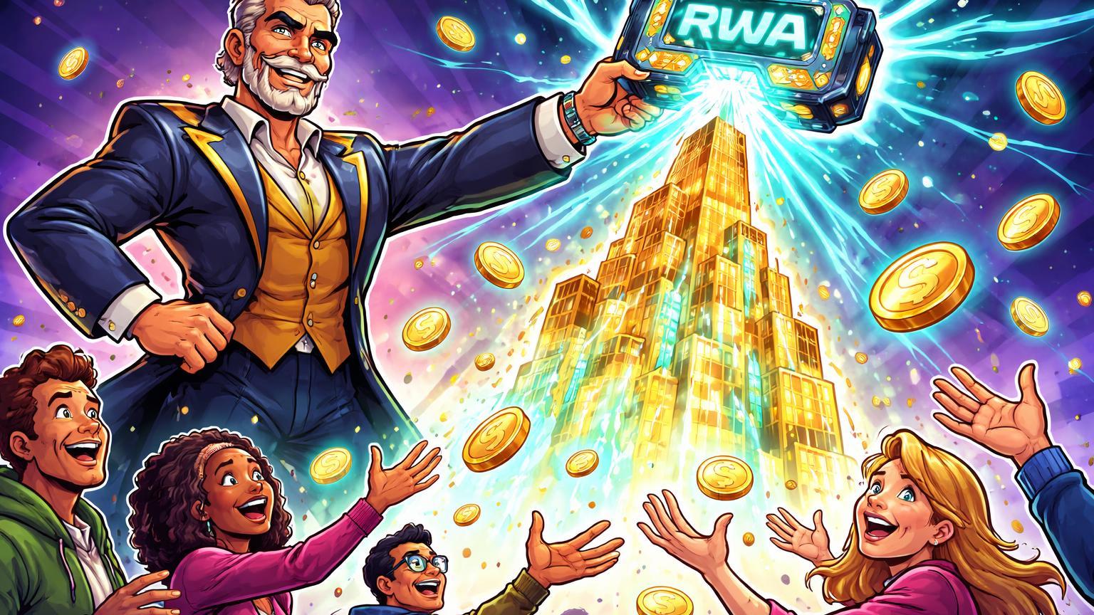 Magnata cartoon tokenizando arranha-céu em tokens distribuídos a investidores comuns, simbolizando democratização de RWA em imóveis por Grant Cardone
