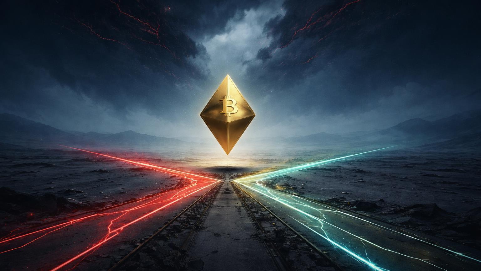 Encruzilhada surreal digital com caminhos de luz tênues em vermelho e dourado, simbolizando queda de volumes spot do Bitcoin e cautela em futuros