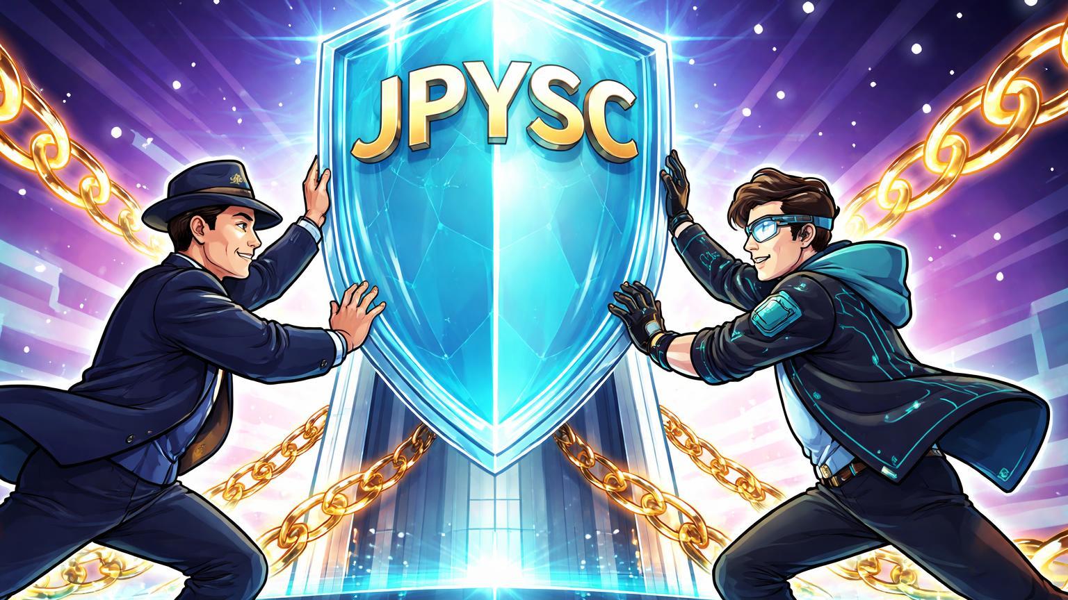 Executivos cartoon erguendo pilar stablecoin com JPYSC gravado, simbolizando lançamento regulado de iene pelo SBI no Japão