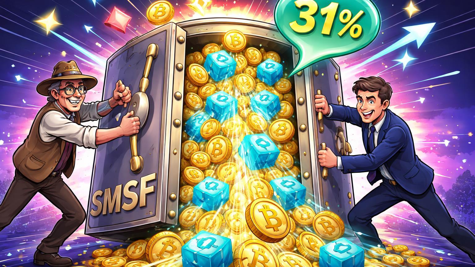 Investidores cartoon abrindo cofre SMSF com Bitcoin e ETFs jorrando e '31%' em destaque, sinalizando adoção institucional na Austrália