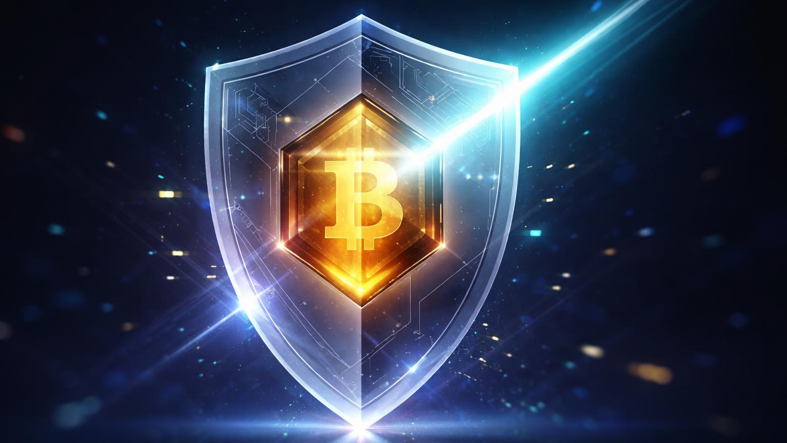 Escudo glassmorphism translúcido com núcleo Bitcoin dourado e feixe cyan seletivo, simbolizando privacidade ZK para BTC na Starknet