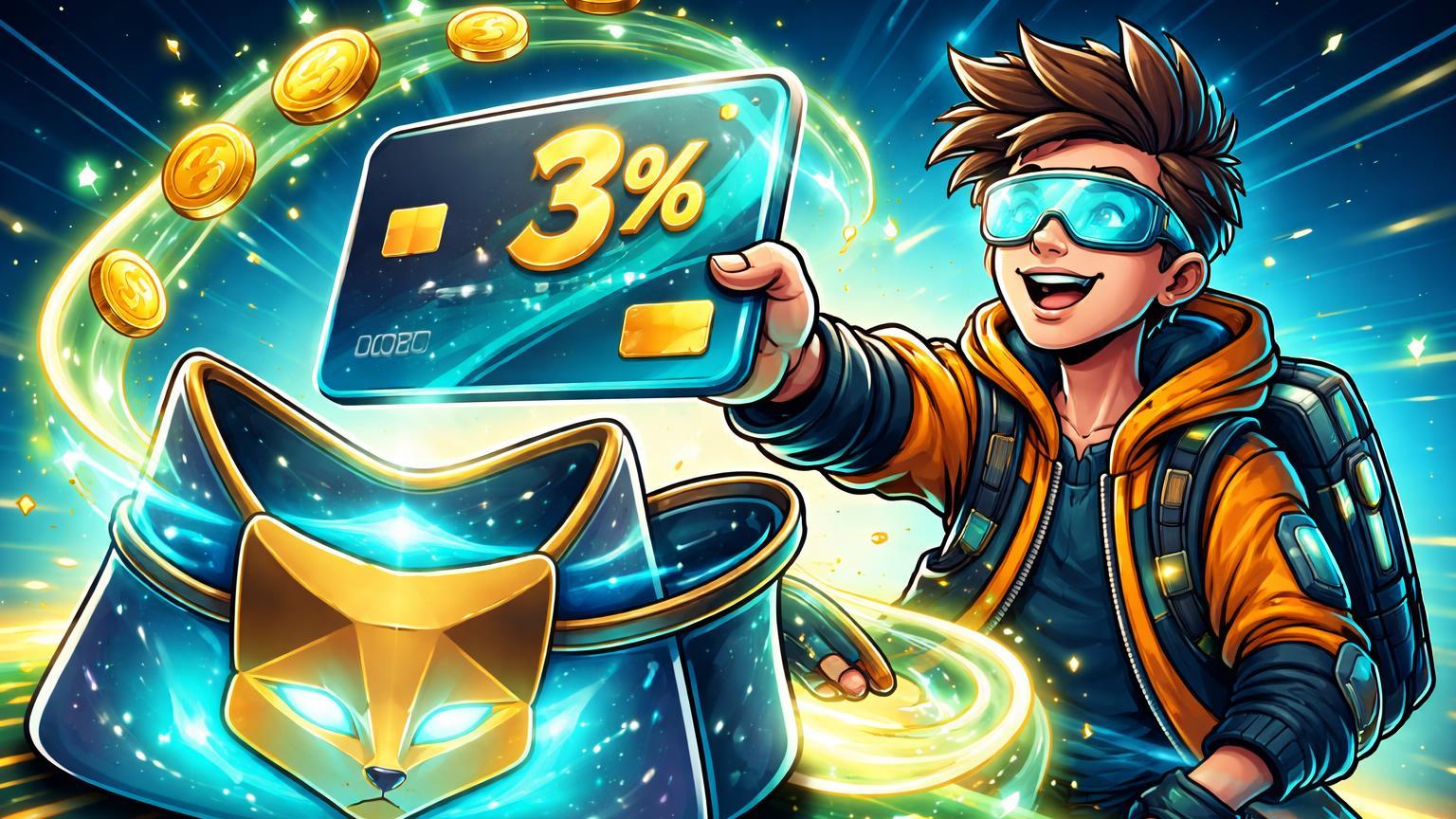 Personagem cartoon segurando cartão emergindo de wallet digital com partículas cashback 3%, simbolizando lançamento do MetaMask Card para gastos diretos de cripto