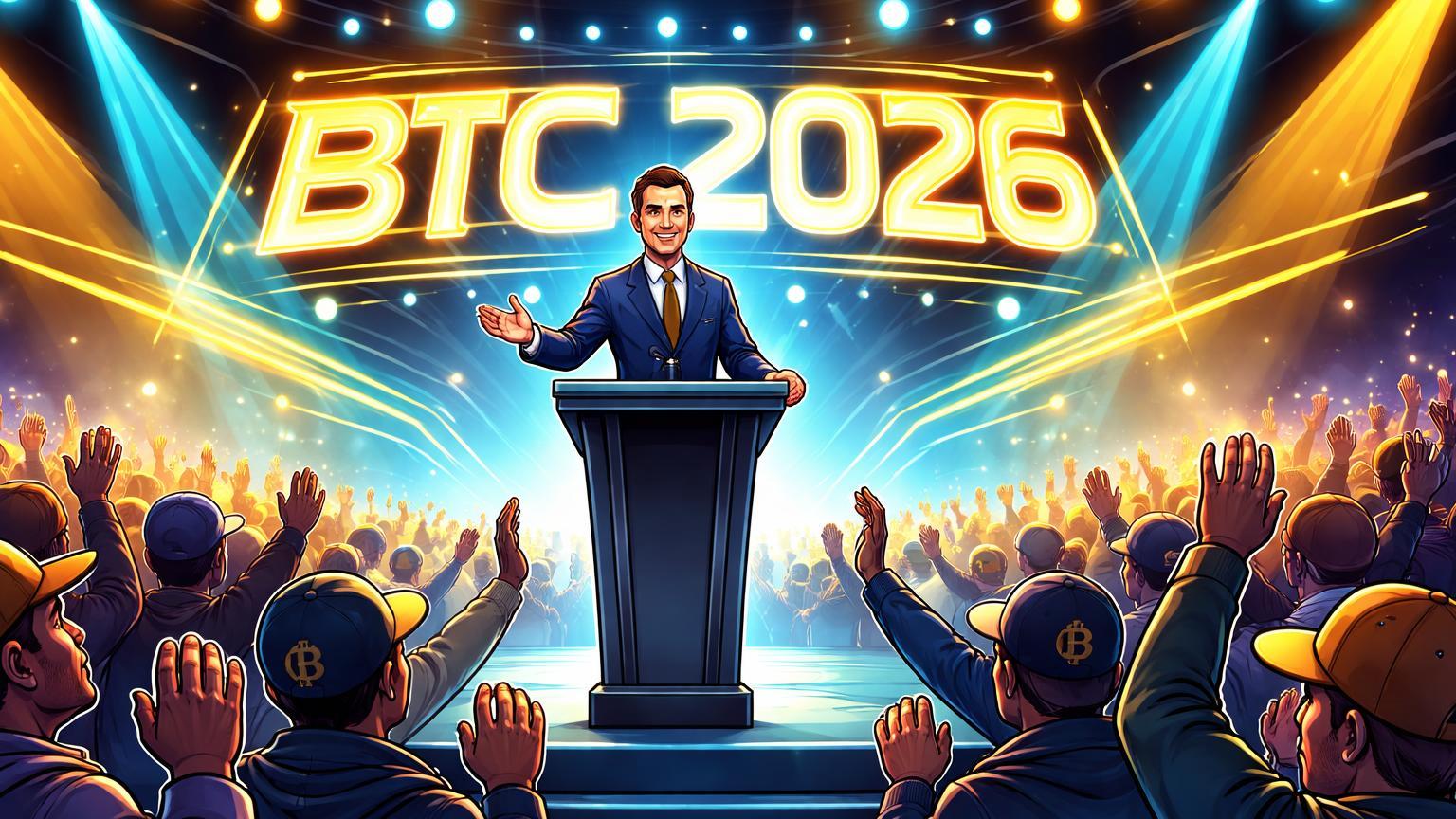 Palestrante regulador cartoon no palco da Bitcoin Conference com 'BTC 2026' neon e público cripto aplaudindo, sinalizando regulação amigável nos EUA