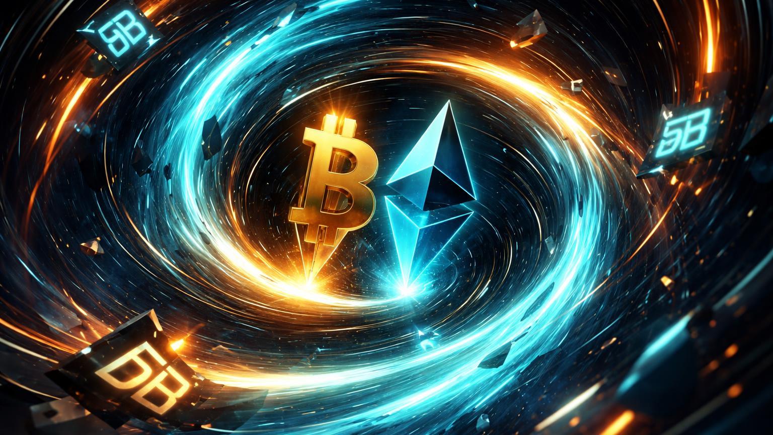 Vórtice neon turbulento sugando partículas com formas BTC e ETH no centro e '9B' fragmentado, sinalizando volatilidade por expiração de opções