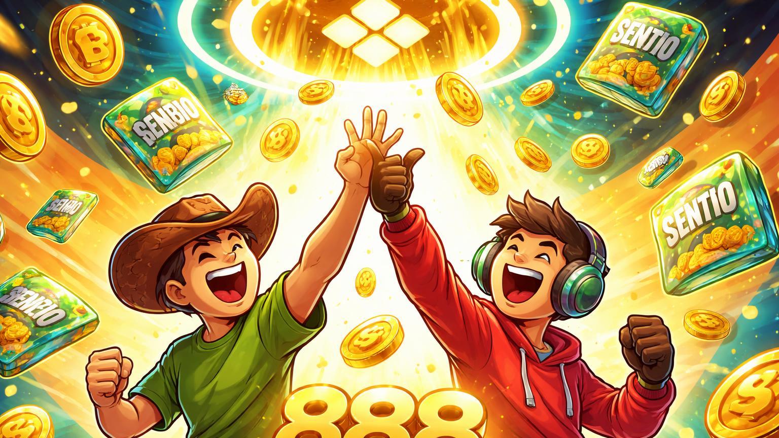 Personagens cartoon high-fiving enquanto tokens ROBO com 888 e airdrop Sentio chovem de portal Binance, celebrando resgates fáceis