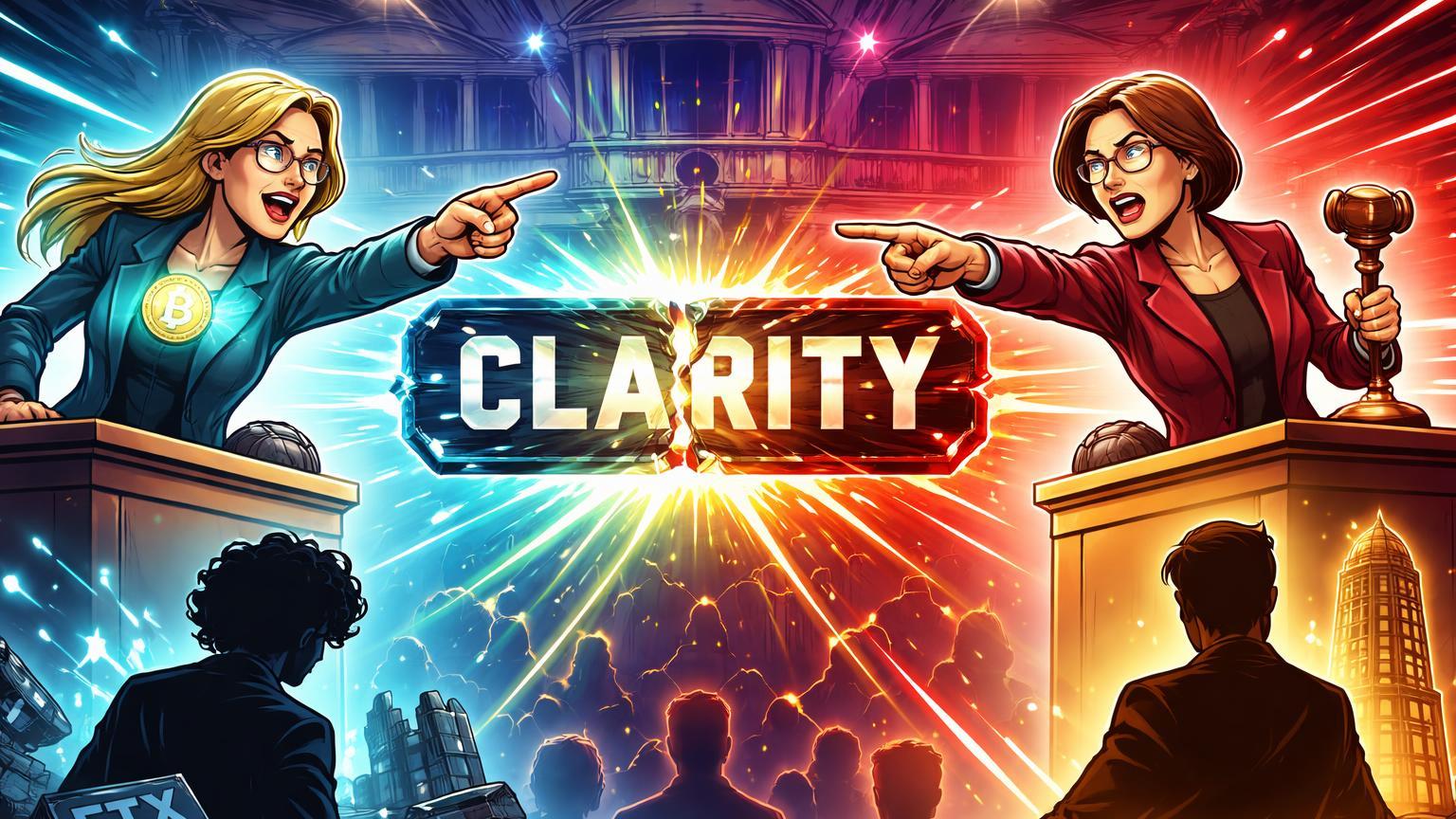 Senadoras cartoon em debate acalorado no Senado sobre CLARITY Act rachado, rebatendo silhuetas de SBF e Trump em disputa regulatória cripto