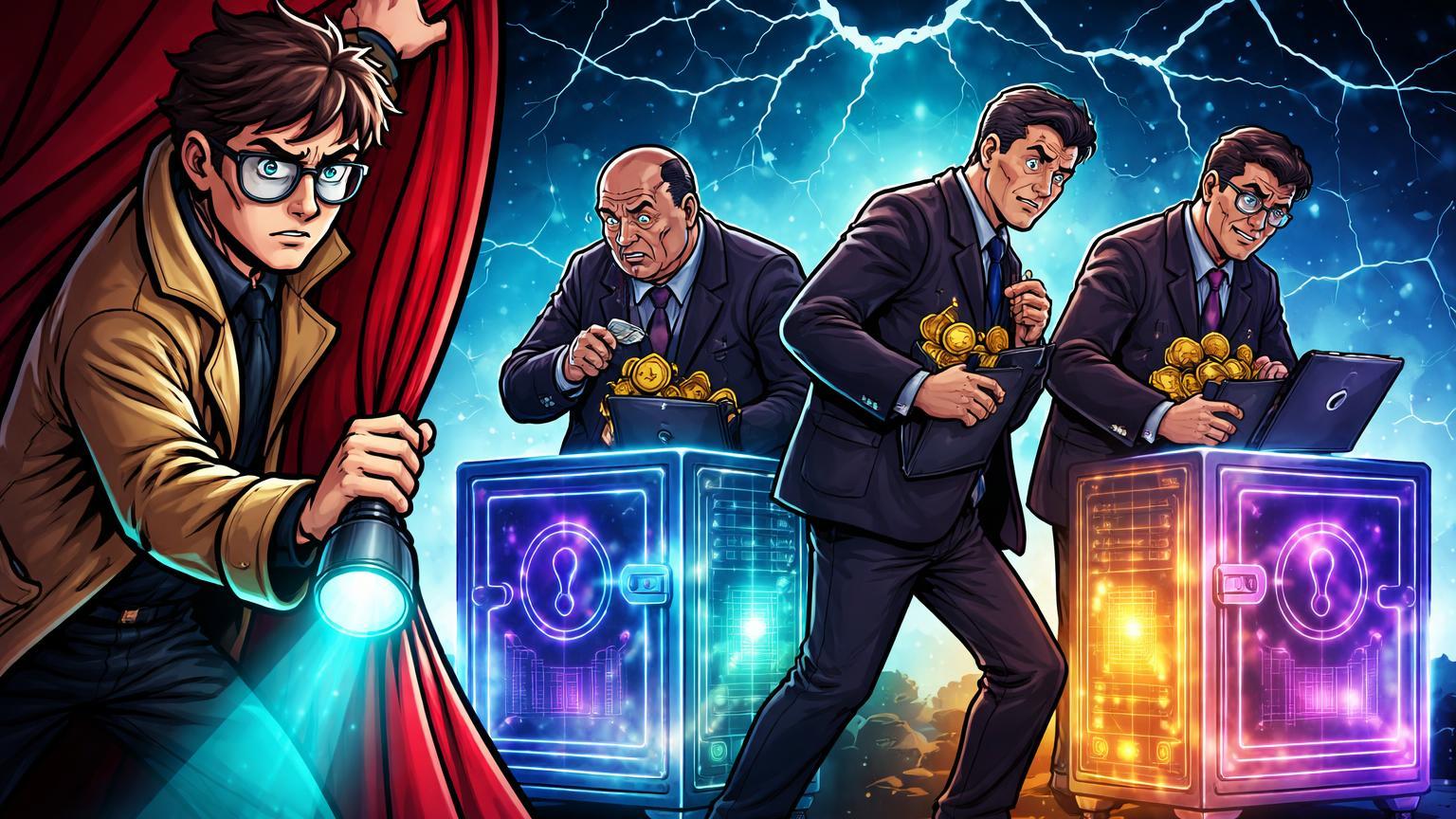 Investigador cartoon expondo funcionários corruptos acessando carteiras privadas, alertando sobre abusos e riscos de privacidade em Axiom