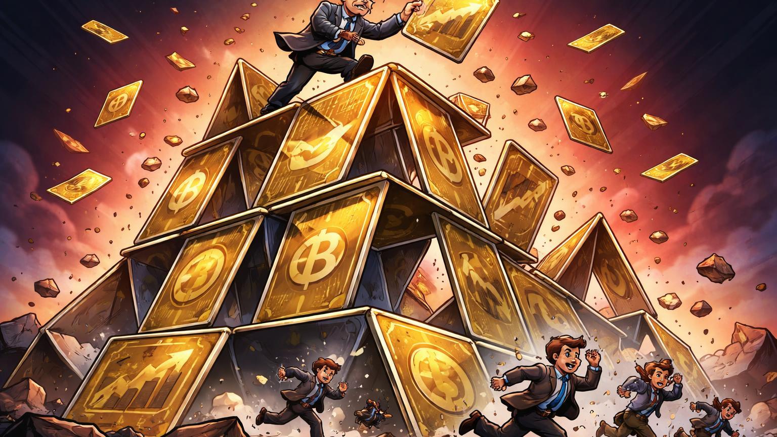 Casa de cartas cripto desabando com CEO cartoon no topo e investidores fugindo, alertando sobre esquema Ponzi Goliath Ventures