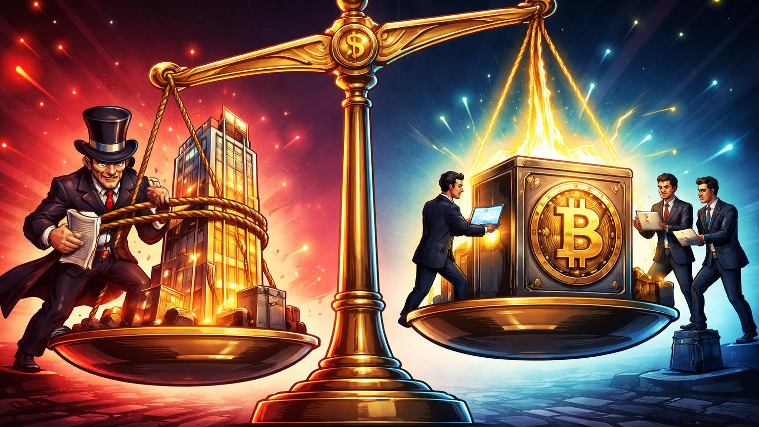 Balança cartoon com regulador apertando exchange e influxos dourados em cofre Bitcoin ETF, simbolizando dilema regulatório vs adoção institucional