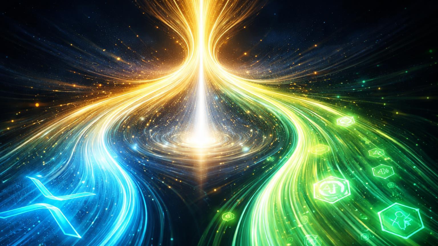 Fluxos de energia dourada se dividindo para cyan XRP e verde IA, simbolizando rotação de capital inteligente em ETFs cripto