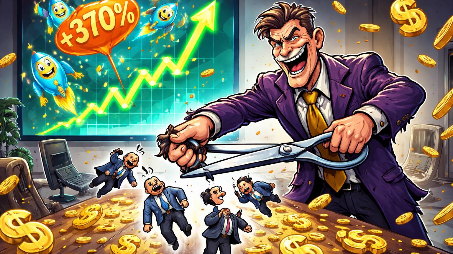 CEO cartoon demitindo funcionários com tesoura enquanto ações disparam e tokens POWER voam +370%, ilustrando caos lucrativo e cinismo do mercado
