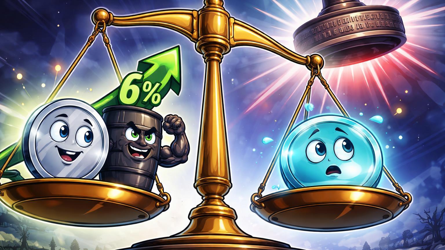 Balança cartoon com moeda de prata e barril de petróleo pesando mais que stablecoin preocupada, simbolizando proposta OCC e alta da prata