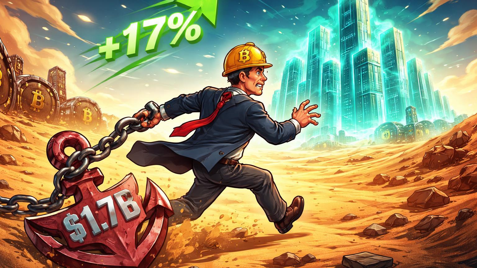 CEO cartoon de mineradora correndo para miragem de data centers IA no deserto, puxado por âncora de prejuízo 1.7B apesar alta 17%, questionando pivô