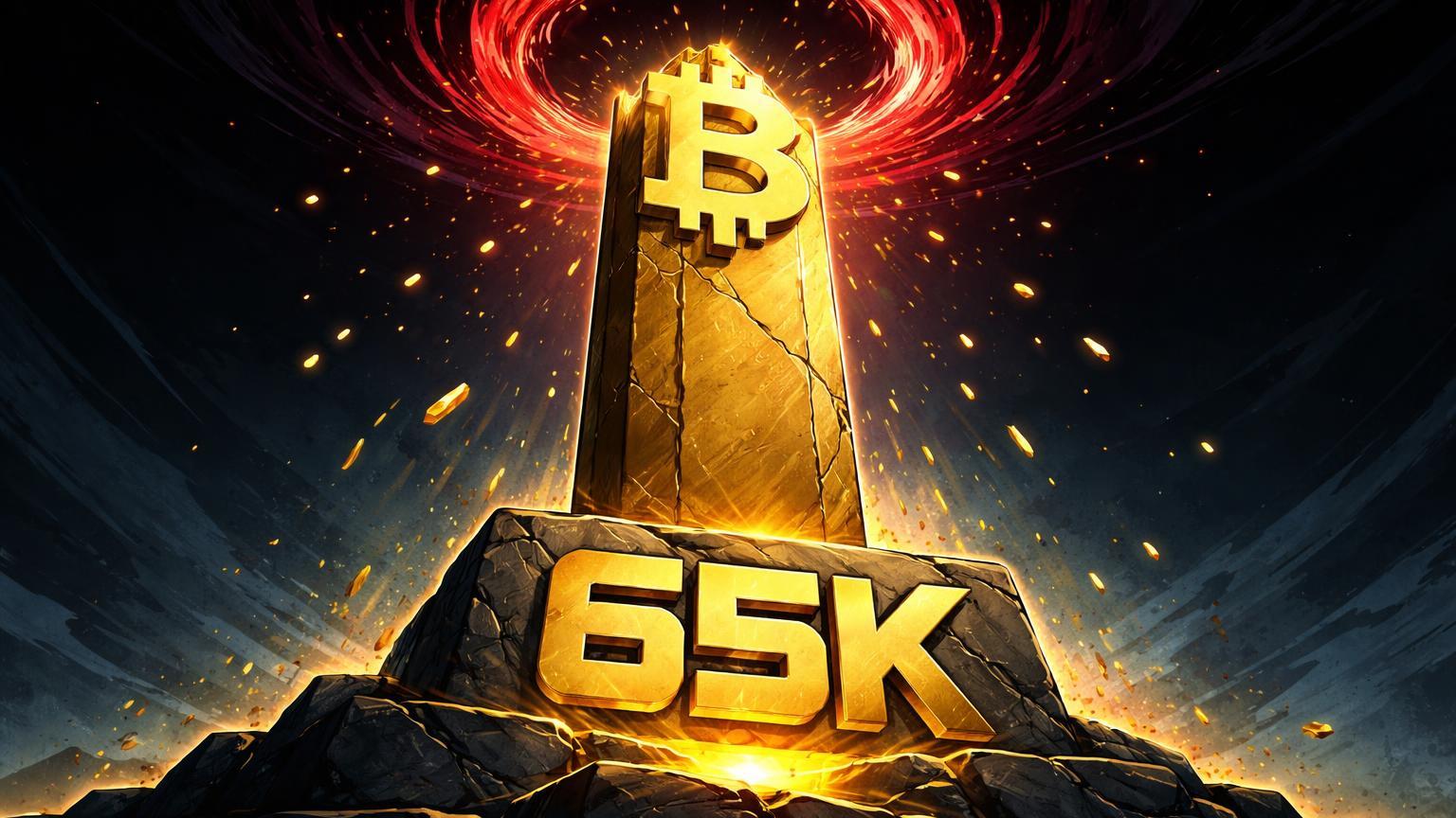 Pilar dourado Bitcoin ancorado em 65K sob vórtice vermelho de vácuo de demanda, simbolizando recuo por PPI quente e opções