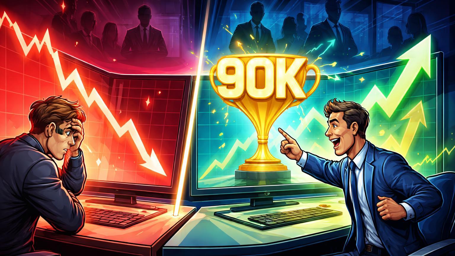 Traders cartoon analisando queda spot vermelha versus opções bullish para BTC 90K, com silhuetas institucionais, sinalizando recuperação no mercado de derivativos