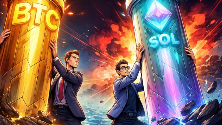 Banqueiros cartoon defendendo pilares BTC e SOL de ondas de choque vermelhas de explosão geopolítica, simbolizando liquidações e adoção bancária