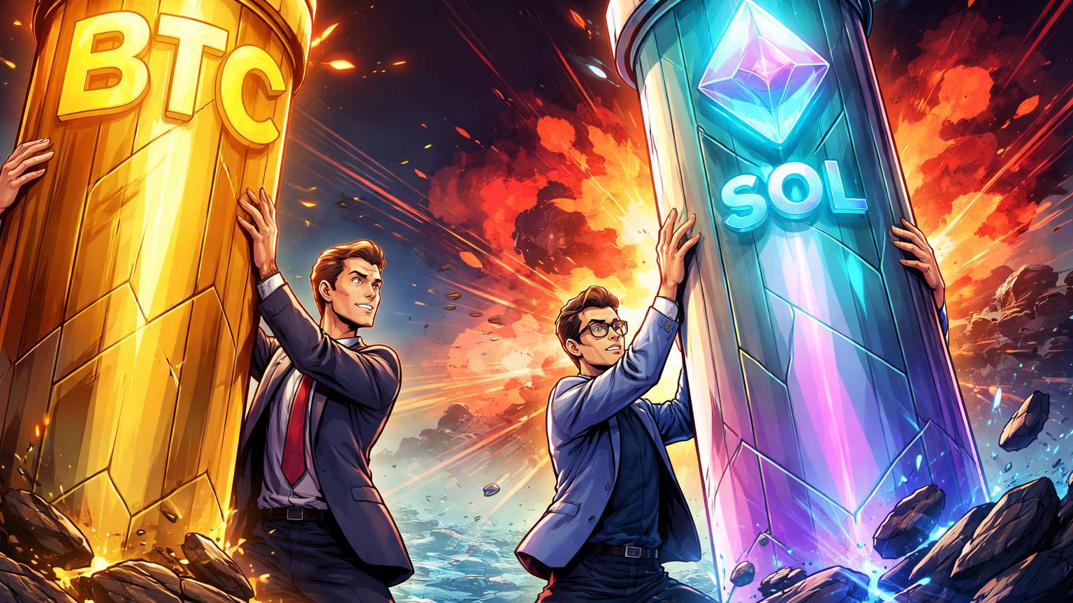 Banqueiros cartoon defendendo pilares BTC e SOL de ondas de choque vermelhas de explosão geopolítica, simbolizando liquidações e adoção bancária