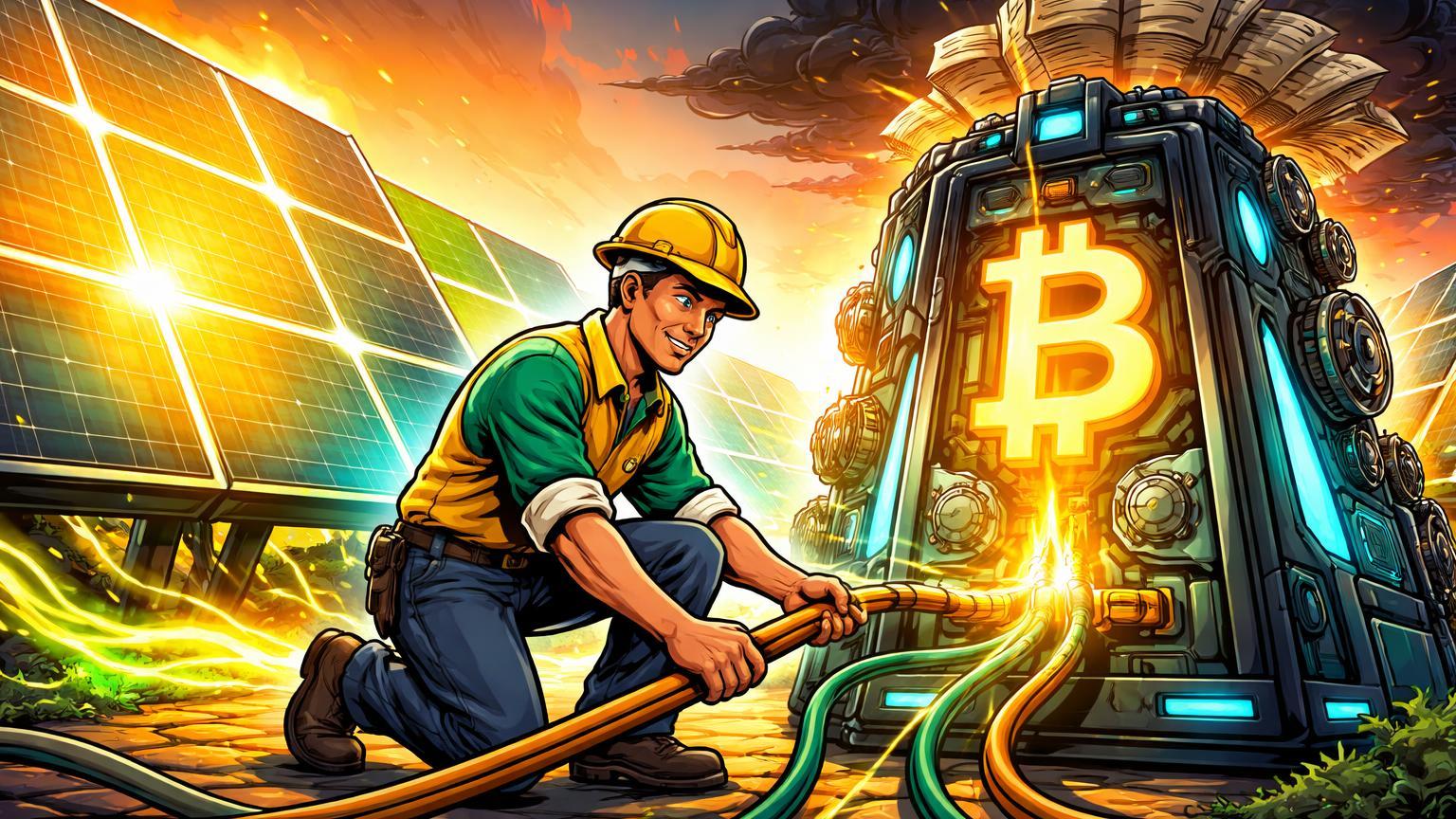 Engenheiro cartoon conectando painéis solares a máquina de mineração Bitcoin com 'BTC' luminoso, pilha regulatória ao fundo, simbolizando projeto Engie e PL de stablecoins no Brasil