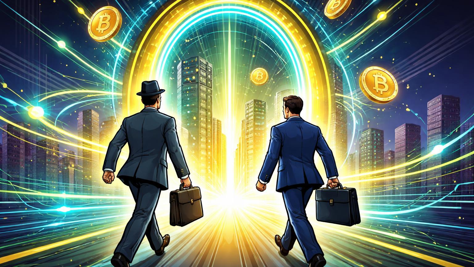 Executivos cartoon de Wall Street entrando em portal cyan-dourado cripto, simbolizando adoção institucional por Morgan Stanley e Citi