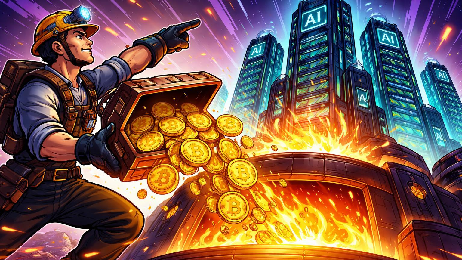 Minerador cartoon despejando moedas BTC em fornalha que forja torres de data centers IA, simbolizando transição estratégica da Bitdeer