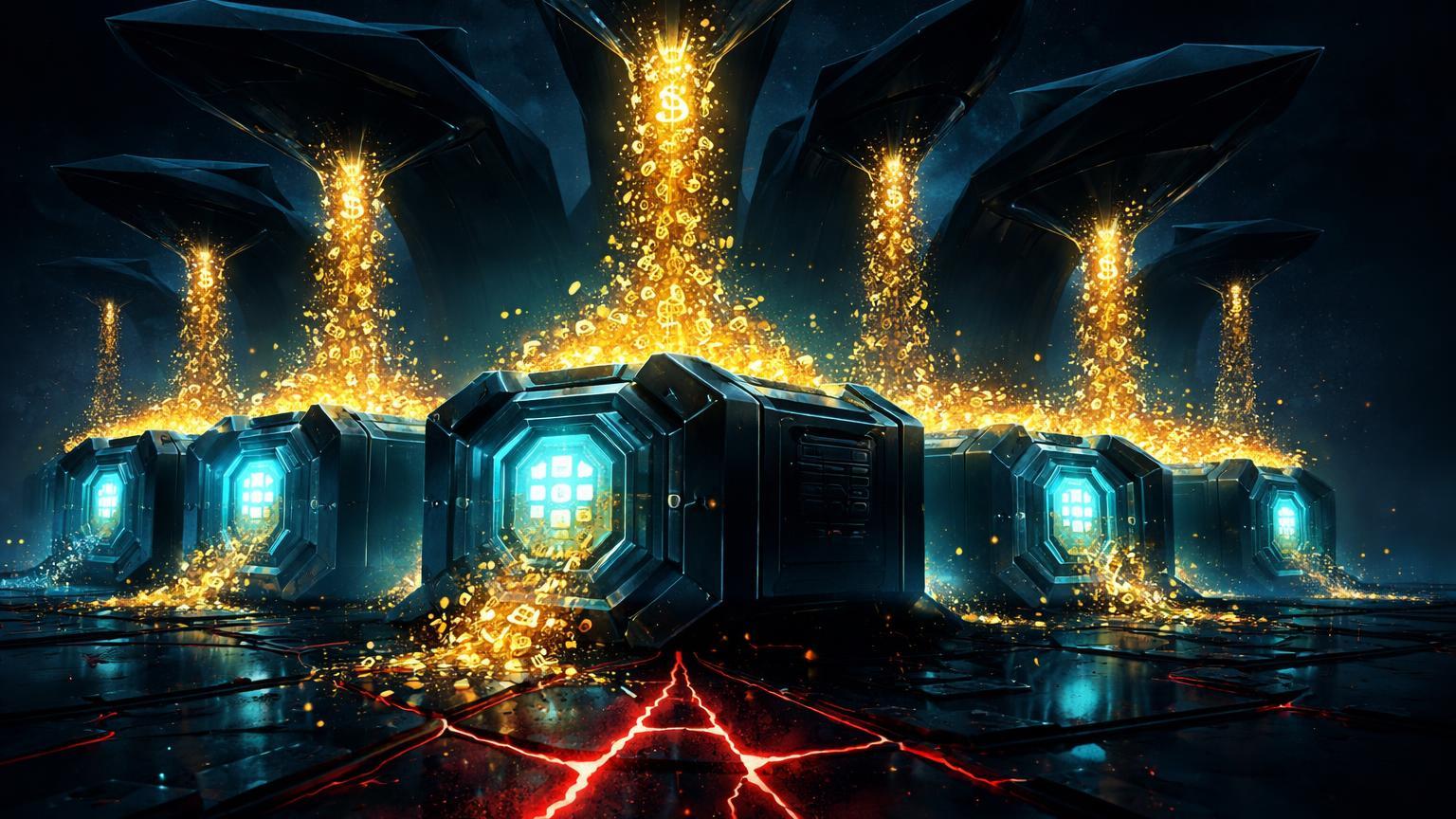 Vaults de exchanges transbordando com cascata de BTC dourado de silhuetas de baleias, rachadura vermelha sinalizando armadilha de distribuição no mercado