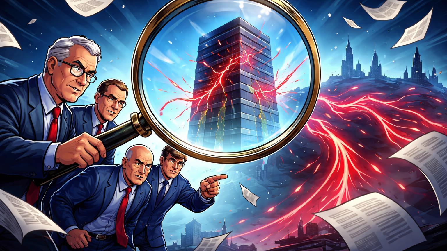 Senadores cartoon com lupa gigante examinando torre de exchange rachada com fluxos vermelhos escapando, simbolizando pressão regulatória sobre Binance