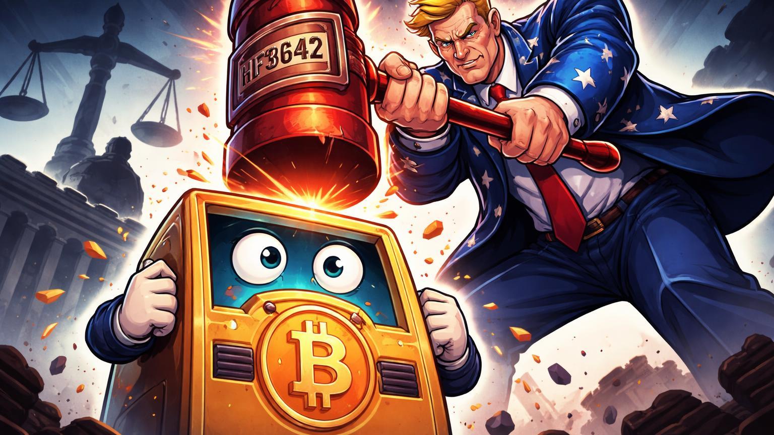 Político cartoon martelando quiosque Bitcoin com 'HF3642' no martelo, simbolizando proposta de banimento em Minnesota e tensões regulatórias EUA