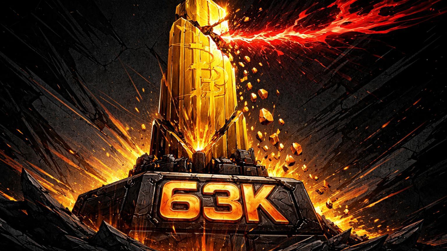 Torre cristalina dourada rachando sobre suporte marcado 63K com cascata de fragmentos e onda vermelha de choque, simbolizando liquidações e tensão geopolítica no Bitcoin