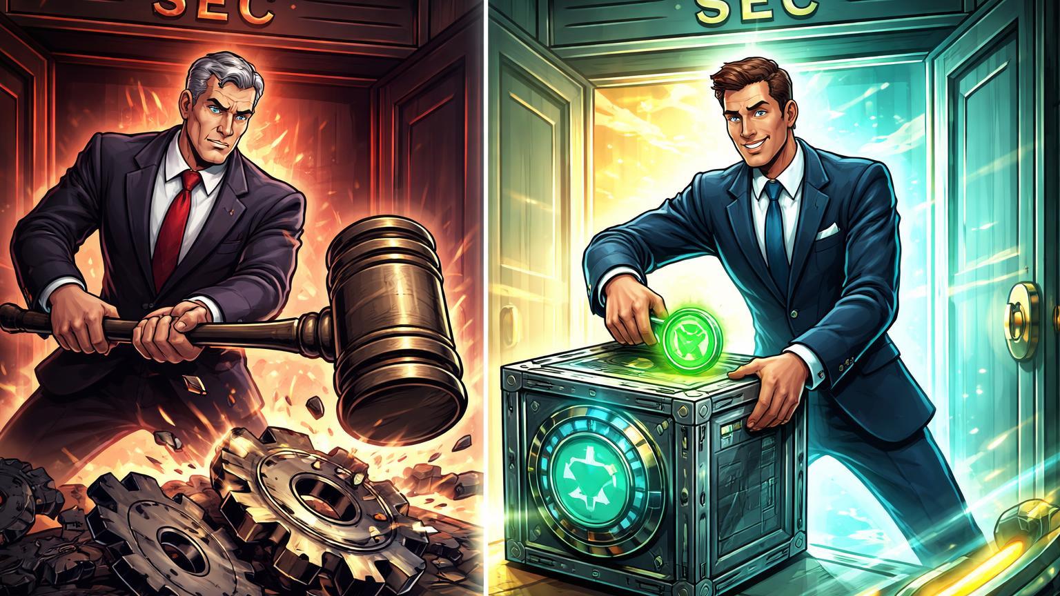 Reguladores cartoon contrastantes na SEC: conservador esmaga inovação vs inovador aprovando cofre tokenizado, marcando nova era regulatória para cripto