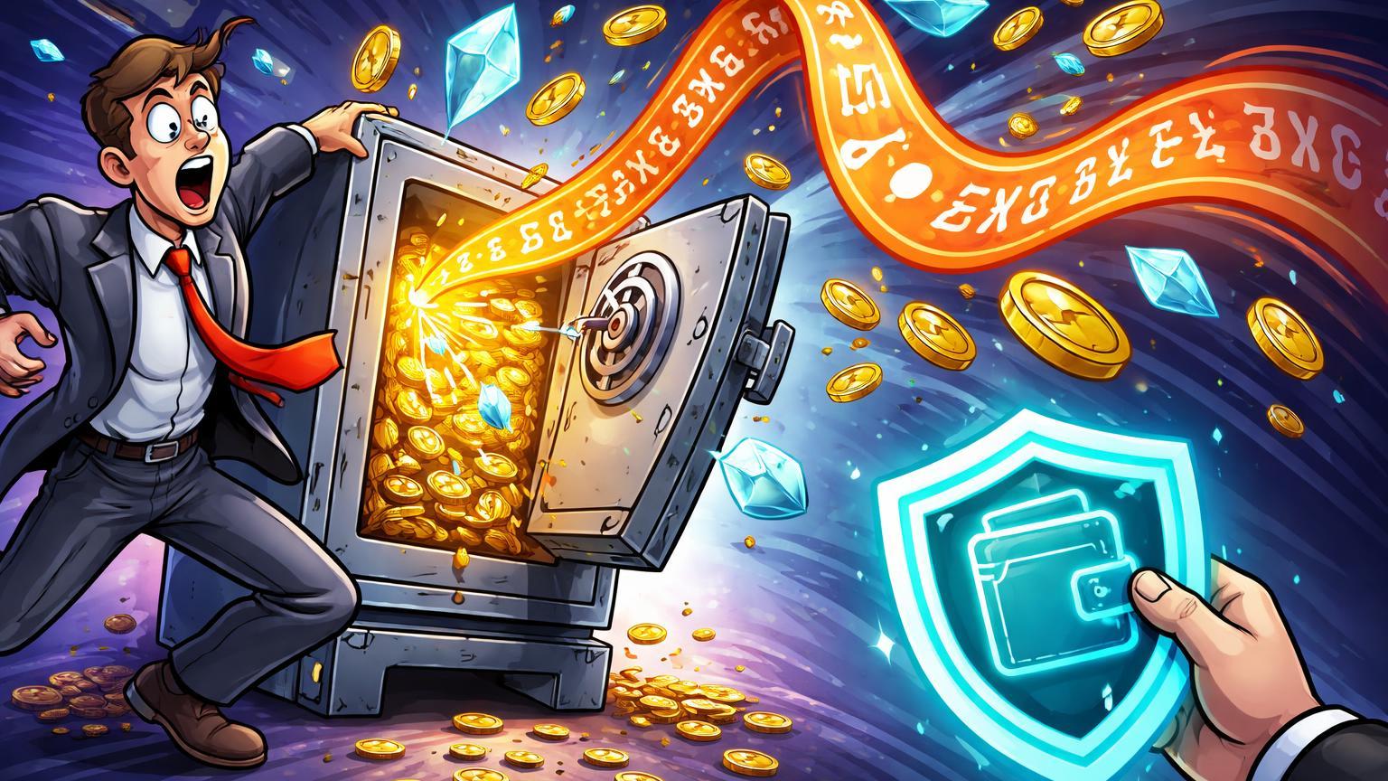 Burocrata cartoon vazando seed phrase ao vento, perdendo moedas douradas, com escudo de custódia segura ao fundo, alertando sobre erros governamentais em cripto