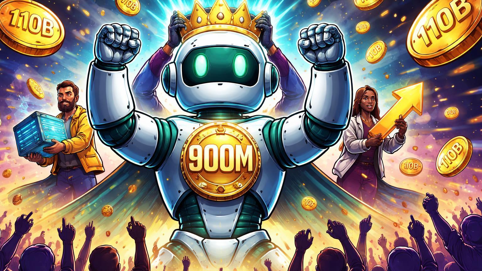 Robô ChatGPT cartoon coroado por investidores tech com chuva de ouro 110B e medalha 900M, celebrando funding massivo e adoção em IA