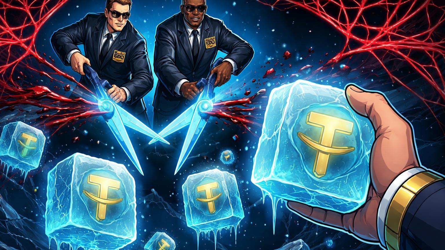Agentes cartoon cortando rede de scams digitais com blocos de USDT congelados, representando ação DOJ, FBI e Tether contra fraudes globais